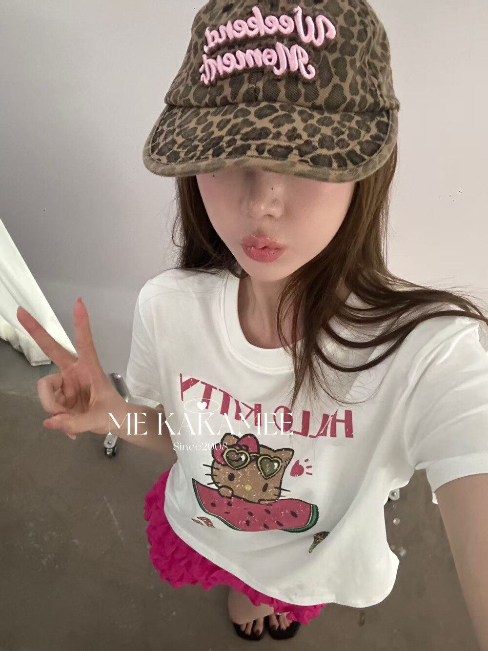 ME KAKAMEE夏新品洗水做旧喷画印花西瓜KT小版短袖T恤 9569