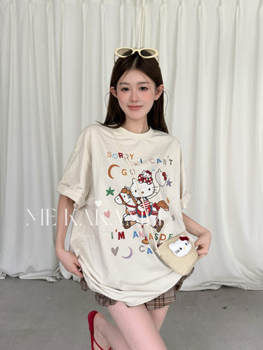 ME KAKAMEE夏新品卡通旋转木马彩喷水洗炒纱宽松大版短袖T恤S5202