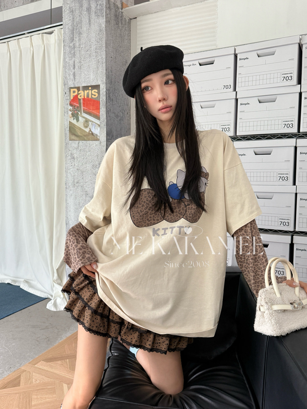 ME KAKAMEE秋复古豹纹蝴蝶结KT假两件拼接袖宽松大版长袖T恤S5675