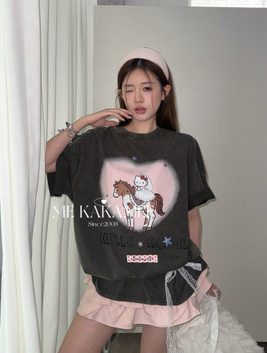 ME KAKAMEE卡通爱心腮红木马KT水洗做旧炒纱宽松大版短袖T恤S3875