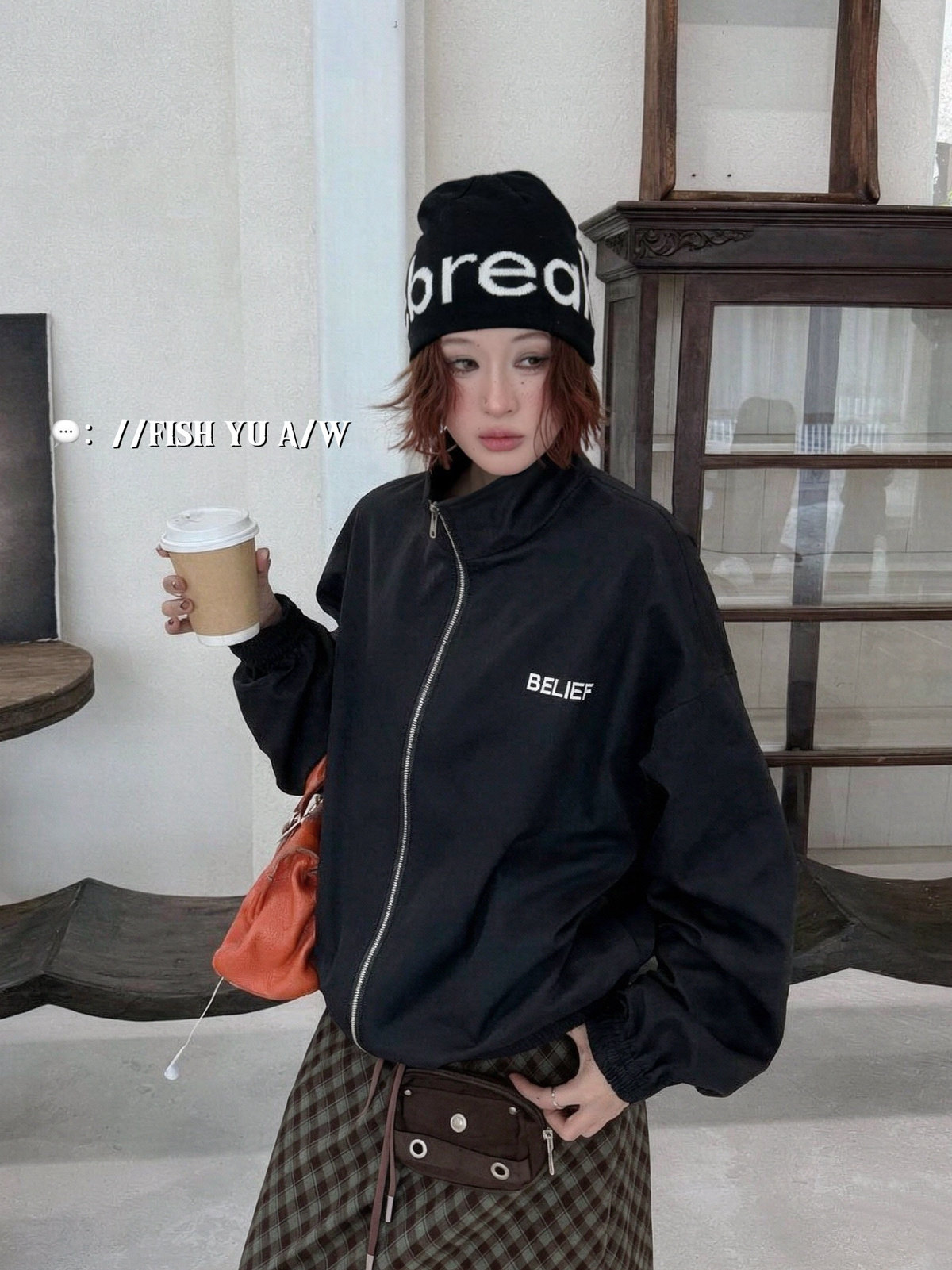 FISH YU秋美式休闲前后字母刺绣立领拉链外套夹克626656