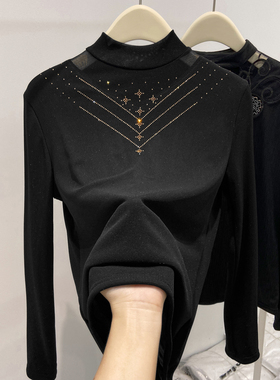 时尚百搭长袖显瘦镶钻t恤秋冬新款洋气别致加绒加厚网纱打底衫女