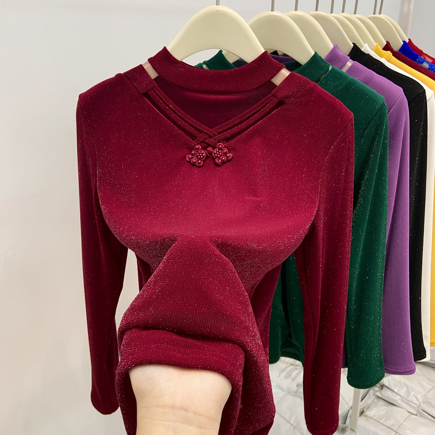 复古盘扣钉珠打底衫女秋冬款加绒加厚网纱T恤洋气半高领保暖小衫