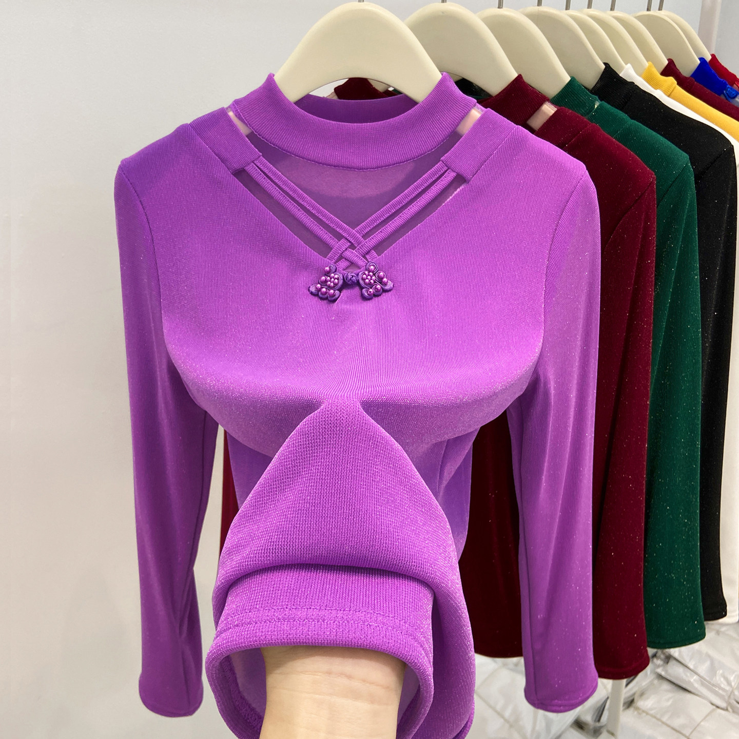 钉珠半高领打底衫女新款秋冬季加绒加厚亮丝网纱T恤洋气保暖小衫