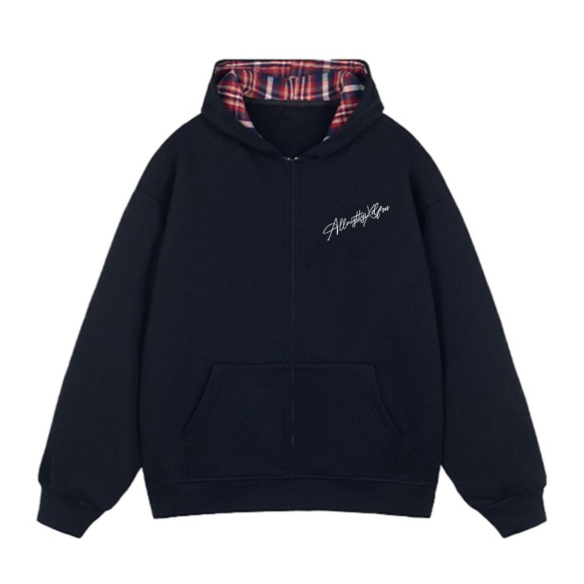 美式字母格子潮服拉链连帽卫衣