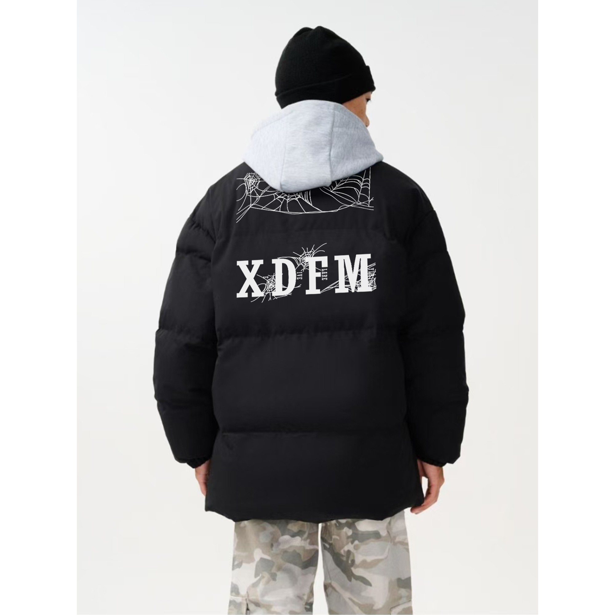 XDFM美式蜘蛛网字母假两件logo拉链款连帽棉服保暖冬季加厚棉衣