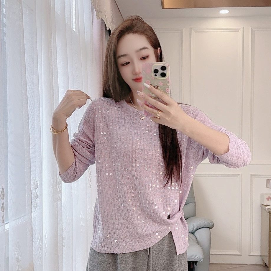 2556春夏针织衫长袖薄款亮片系扣宽松女装韩版减显瘦套头百搭罩衫