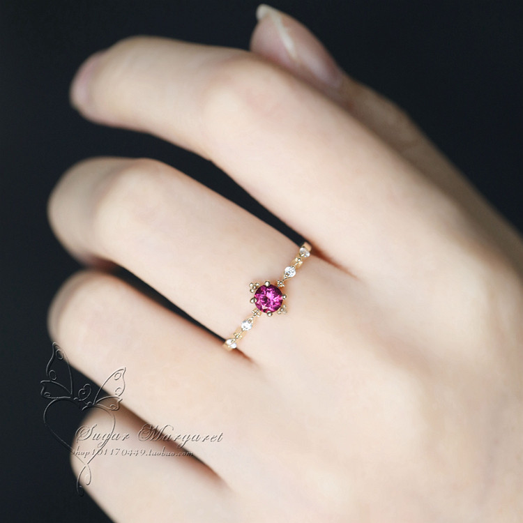 若の锦之拉克西斯日系精工玫紫色石榴石纯14k金戒指 女生礼物