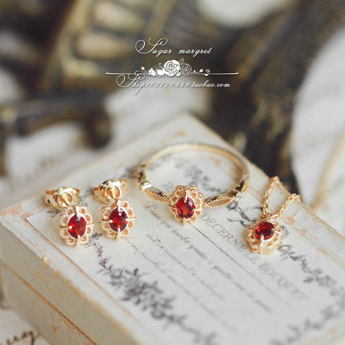 天然酒红石榴石戒指项链耳钉