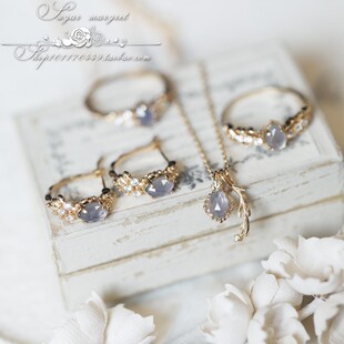 烟雨天青 NJ圣诞限定天然堇青石拉长石精致复古925银戒指项链耳圈