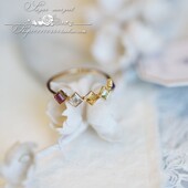 Iris 女 礼物 彩虹女神 日系多色天然宝石公主方镶嵌925纯银戒指