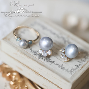 Grayish blue灰蓝叙事诗 真多麻色调气质款淡水珍珠925银戒指耳钉