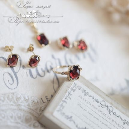 洛可可小姐の石榴石 复古大颗粒珠宝玫瑰切925银开口戒指耳钉项链