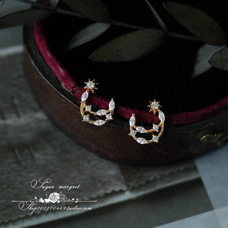 la lune68白霜浅月69精致马眼钻 s925银镀金 星月造型异形钻耳钉