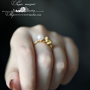 猫咪童话镇。全手工拉丝超萌猫咪天然淡水珍珠925纯银戒指项链耳