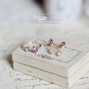 Geheime.仙紫秘境 唯美天然浅紫水晶精致925纯银戒指 耳钉白托帕