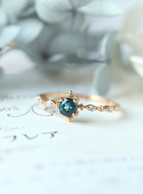 若の锦日系轻奢时尚天然伦敦蓝托帕石ins925纯银镀金戒指女 强荐~