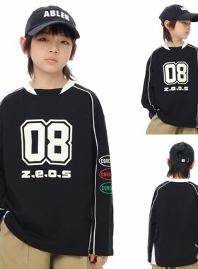 男童长袖 2026春季新款韩版拼色球服t恤男宝宝帅气数字印花卫衣潮
