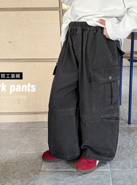 童酷2026男童春季新款复古做旧中小童长裤潮酷贴袋拼接儿童工装裤