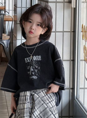 奶酪与喵童装男童T恤2026年春季字母印花宽松落肩百搭中大童短袖