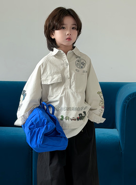 奶酪与喵童装男童印花衬衫2026年春款韩版工装风洋气儿童休闲长袖