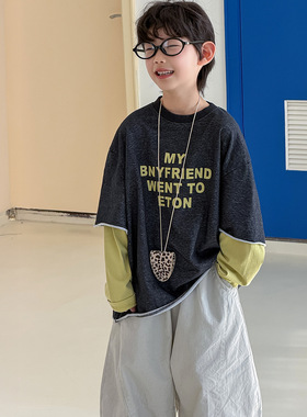 棉小铺男童卫衣儿童春季韩版2026新款美式撞色假两件童装运动上衣