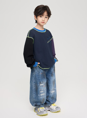 2026春季新款男童高街美式拼色长袖T恤儿童舒适棉打底衫圆领上衣