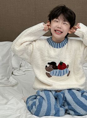 棉小铺男童家居服儿童秋冬韩版童装2025蓝色小狗加厚保暖睡衣套装