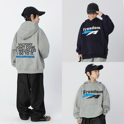 男童卫衣2025冬季新款儿童一体绒字母印花连帽上衣男宝加绒长袖潮