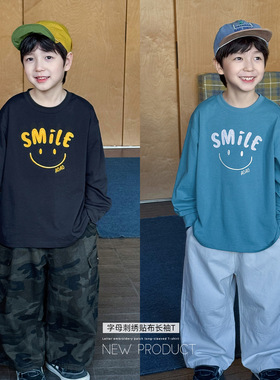 童酷2026男童春季新款趣味笑脸印花宝宝长袖打底衫圆领儿童T恤潮