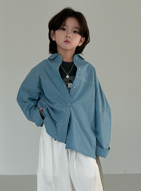 奶酪与喵童装男童衬衫2026年春款条纹宽松透气百搭休闲中大童长袖