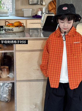 童酷2026男童春季新款时尚字母刺绣中小童上衣毛边格子儿童衬衫潮