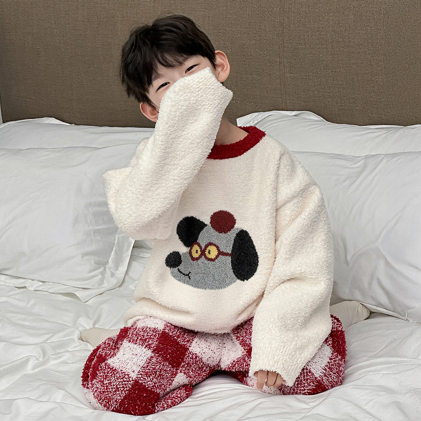 棉小铺男童秋冬家居服儿童韩版2025新款格子加厚保暖睡衣童装套装