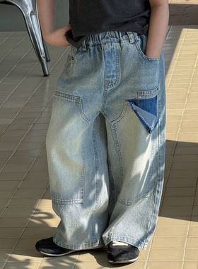 奶酪与喵男童牛仔裤2026年春季做旧拼接宽松阔腿街头风休闲长裤潮