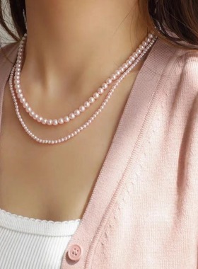 fever同款高级感法式仿施家粉色串珠春夏珍珠项链仙气锁骨链