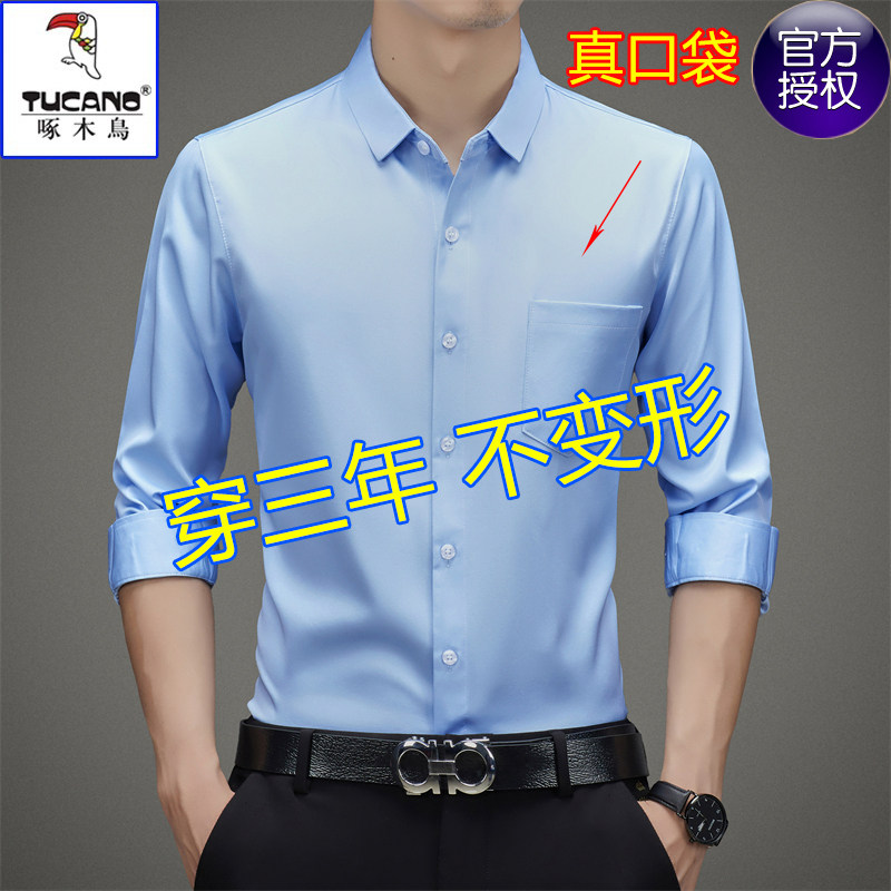 啄木鸟衬衫男长袖丝光棉高端商务韩版中青年冰丝免烫休闲衬衣春装