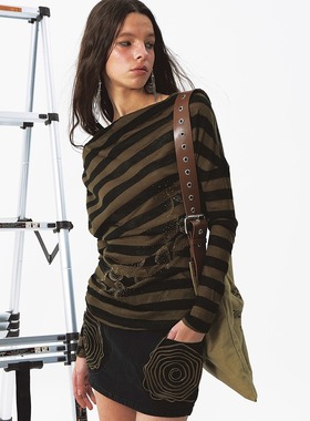 99PERCENT古早辣妹不对称斜肩条纹针织衫女长袖打底衫设计感上衣