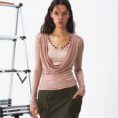 99PERCENT脏染做旧假两件褶皱荡领长袖 t恤女修身 显瘦百搭打底上衣