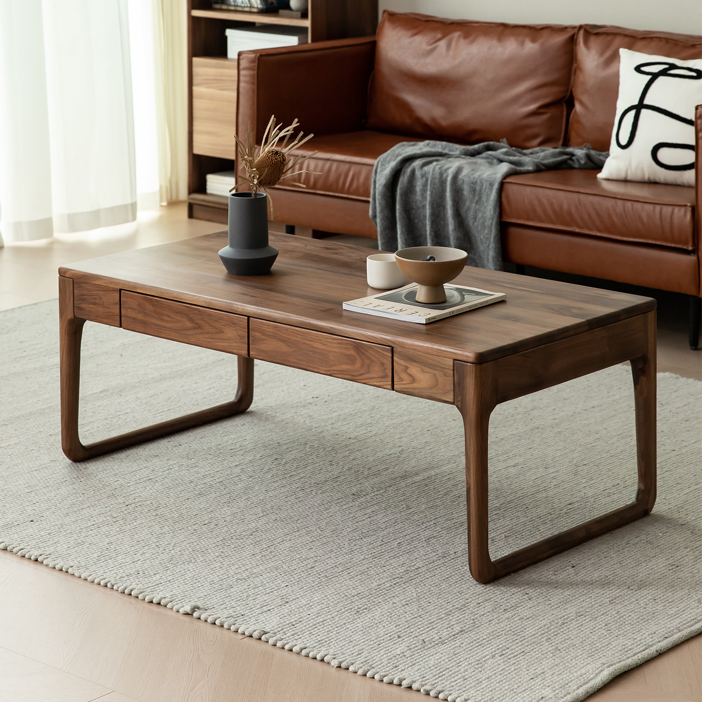 梦天然|北美黑胡桃木实木茶几原木客厅小户型北欧1.2m带抽屉日式