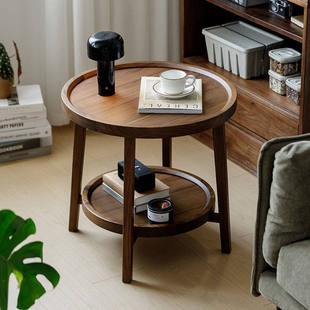梦天然北美黑胡桃木圆边几沙发角几现代简约客厅实木小茶几圆茶几