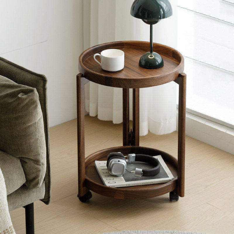 北美黑胡桃木角几全实木可移动边几带轮小茶几北欧简约沙发侧边机