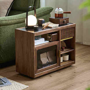 黑胡桃实木沙发边几侧边柜可移动茶水柜小推车岩板茶几储物边柜