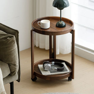 北美黑胡桃木角几全实木可移动边几带轮小茶几北欧简约沙发侧边机