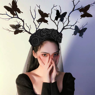 暗黑系女巫头饰道具发箍玫瑰黑色头纱修女夸张鹿角cos走秀万圣节