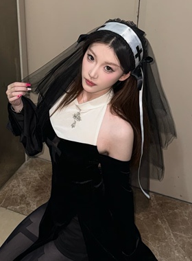 万圣节cos修女头纱黑色蕾丝发带女仆头饰暗黑哥特lolita恶魔发饰