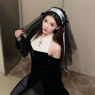 万圣节cos修女头纱黑色蕾丝发带女仆头饰暗黑哥特lolita恶魔发饰