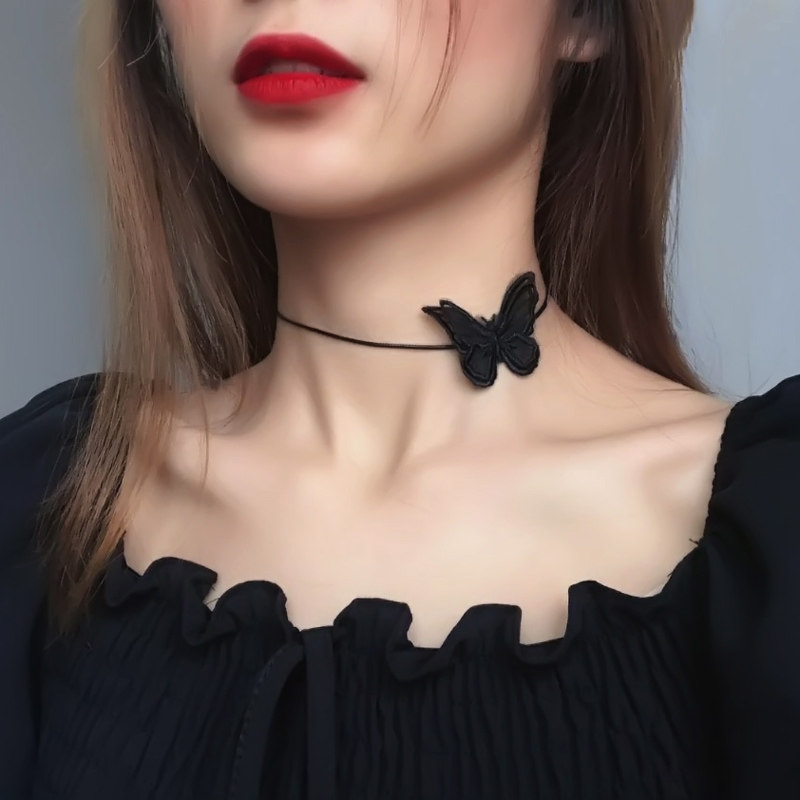 少女性感薄纱蝴蝶项链女锁骨链黑色颈链高级感脖子饰品choker项圈