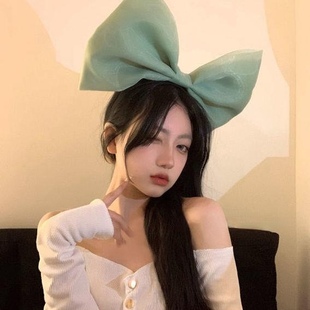 超大蝴蝶结头饰立体网纱黑色夸张公主发箍迪士尼拍照写真头箍绿色