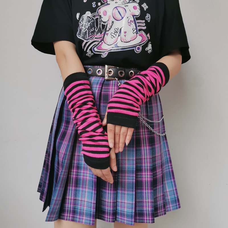 原宿辣妹手套lolita洛丽塔袖套萝莉跳舞jk半指条纹露指粉色手袜女