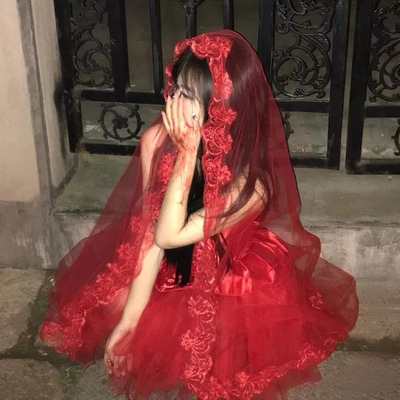 万圣节cos哥特红色头纱复仇新娘结婚礼服秀禾蕾丝遮面盖头亚文化